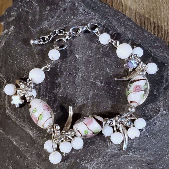 Vintage Murano Glass Beads White Silver Charm Bracelet Style B - Picture 1 of 5